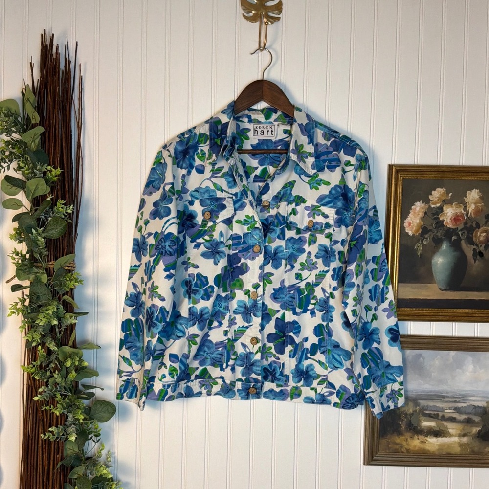 Keren Hart Floral Denim Jacket  Large Blue White Excellent Button‎ Up Cotton